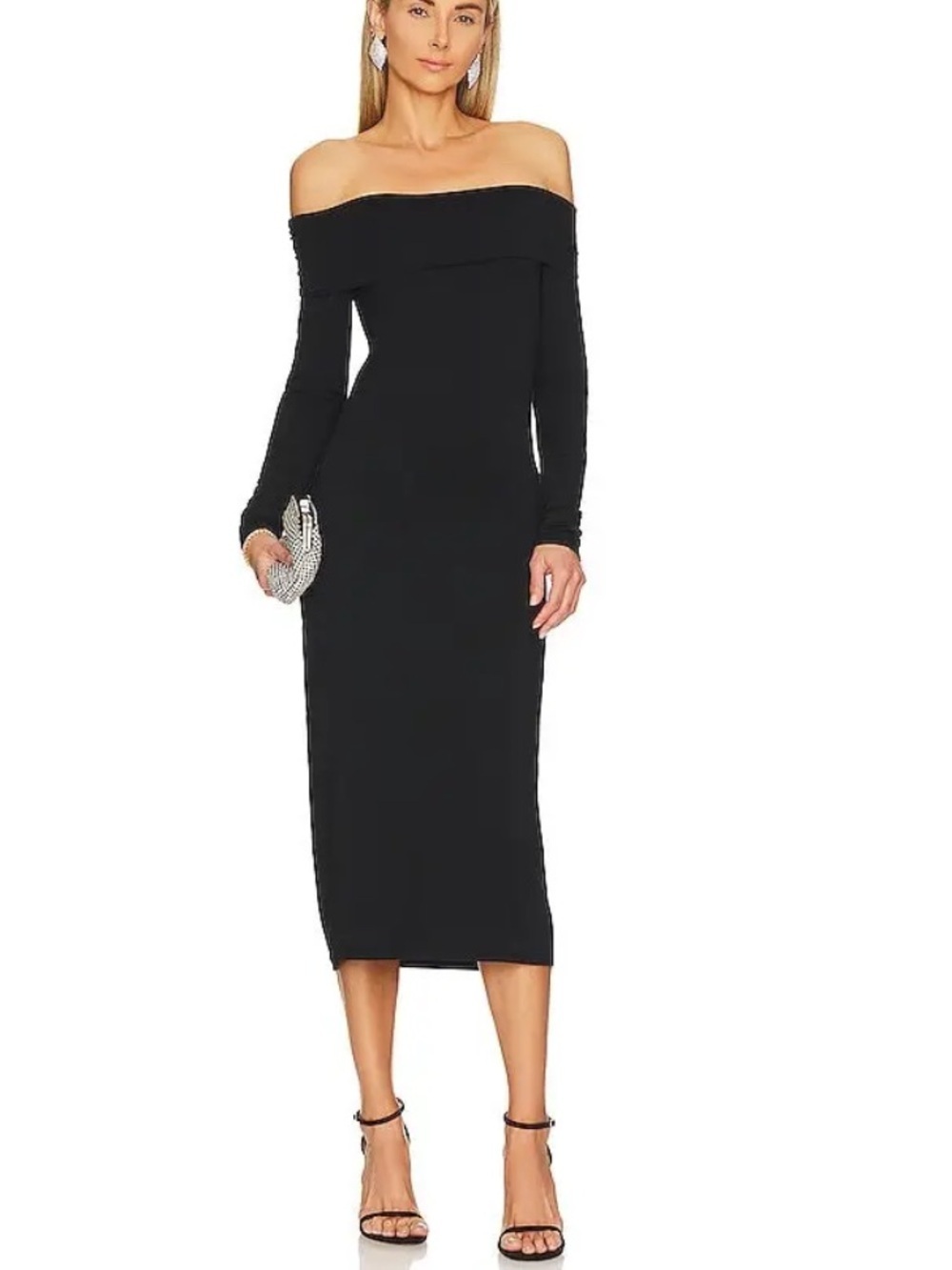 Bobi Revolve Off-Shoulder midi dress black Long Sleeve knit soft NWT M